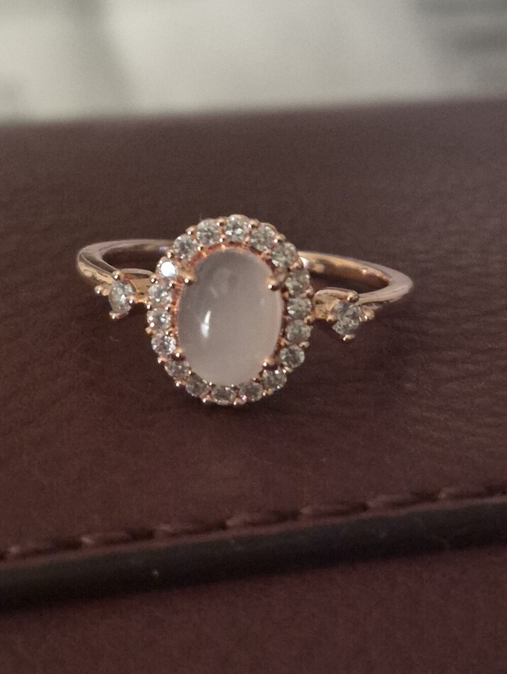 Oval Moonstone Halo Rose Crystal Gold Plated Ring Sz 7.5